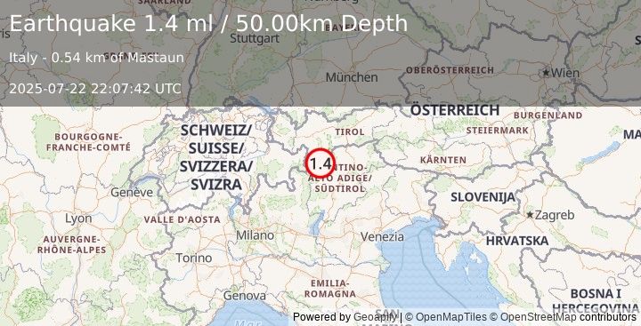 Earthquake NORTHERN ITALY (1.4 ml) (2025-07-22 22:07:42 UTC)
