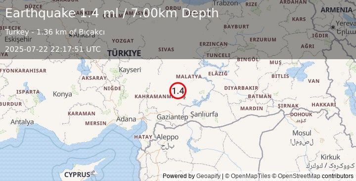 Earthquake CENTRAL TURKEY (1.4 ml) (2025-07-22 22:17:51 UTC)