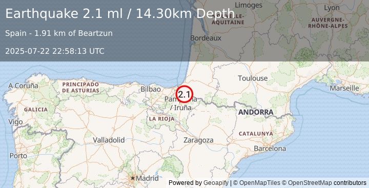 Earthquake PYRENEES (2.1 ml) (2025-07-22 22:58:13 UTC)