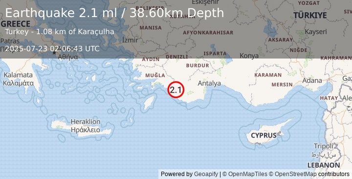 Earthquake WESTERN TURKEY (2.1 ml) (2025-07-23 02:06:43 UTC)