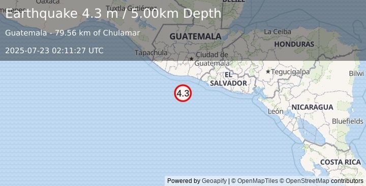 Earthquake OFFSHORE GUATEMALA (4.3 m) (2025-07-23 02:11:25 UTC)