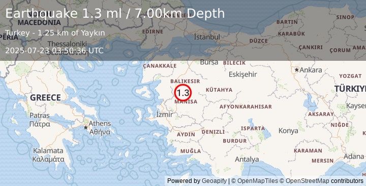 Earthquake WESTERN TURKEY (1.3 ml) (2025-07-23 03:50:36 UTC)