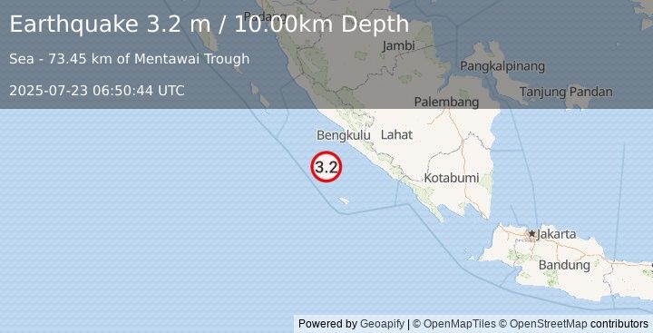 Earthquake SOUTHERN SUMATRA, INDONESIA (3.2 m) (2025-07-23 06:50:44 UTC)