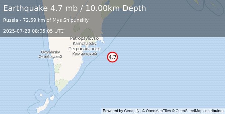 Earthquake OFF EAST COAST OF KAMCHATKA (4.7 mb) (2025-07-23 08:05:05 UTC)