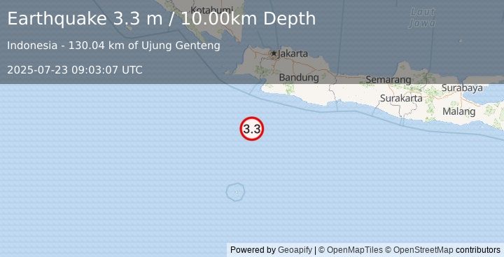 Earthquake SOUTH OF JAVA, INDONESIA (3.3 m) (2025-07-23 09:03:07 UTC)