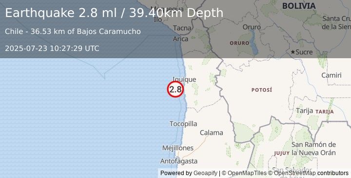Earthquake OFFSHORE TARAPACA, CHILE (2.8 ml) (2025-07-23 10:27:29 UTC)