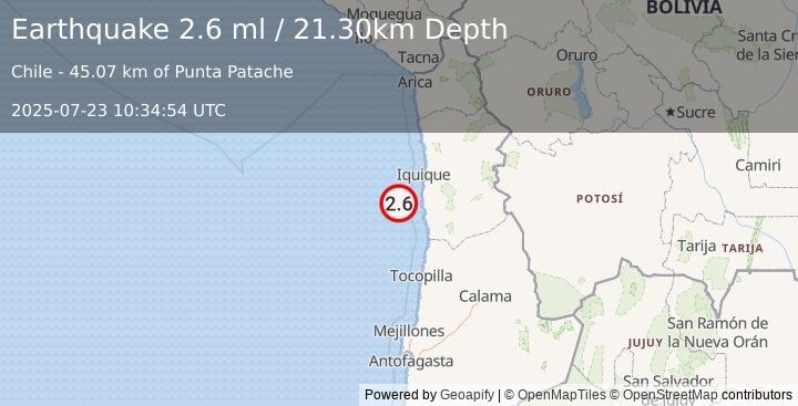 Earthquake OFFSHORE TARAPACA, CHILE (2.6 ml) (2025-07-23 10:34:54 UTC)