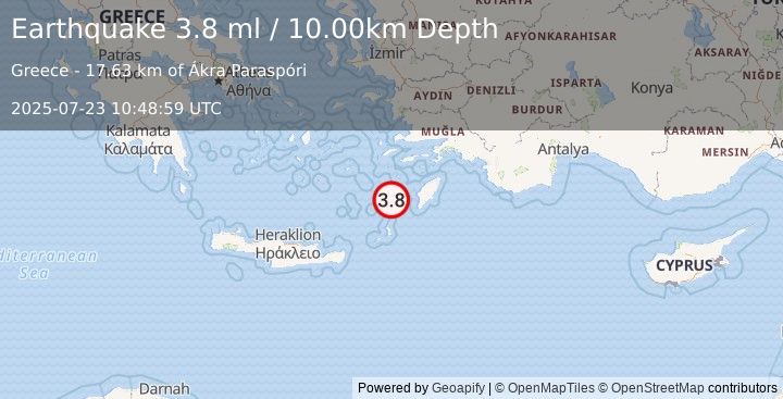 Earthquake DODECANESE IS.-TURKEY BORDER REG (3.8 ml) (2025-07-23 10:48:59 UTC)