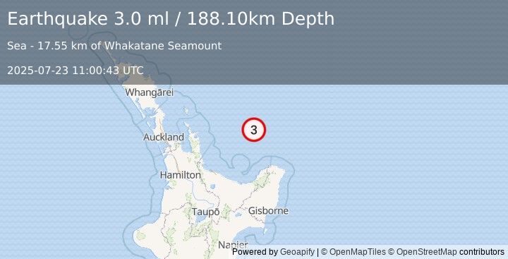 Earthquake OFF E. COAST OF N. ISLAND, N.Z. (3.0 ml) (2025-07-23 11:00:43 UTC)
