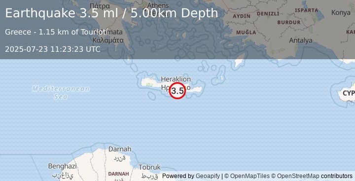 Earthquake CRETE, GREECE (3.2 ml) (2025-07-23 11:23:22 UTC)