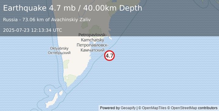 Earthquake OFF EAST COAST OF KAMCHATKA (4.7 mb) (2025-07-23 12:13:34 UTC)