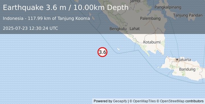 Earthquake SOUTHWEST OF SUMATRA, INDONESIA (3.6 m) (2025-07-23 12:30:24 UTC)