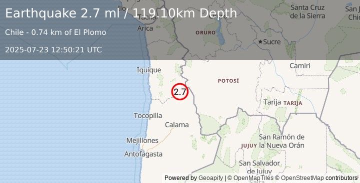 Earthquake TARAPACA, CHILE (2.7 ml) (2025-07-23 12:50:21 UTC)