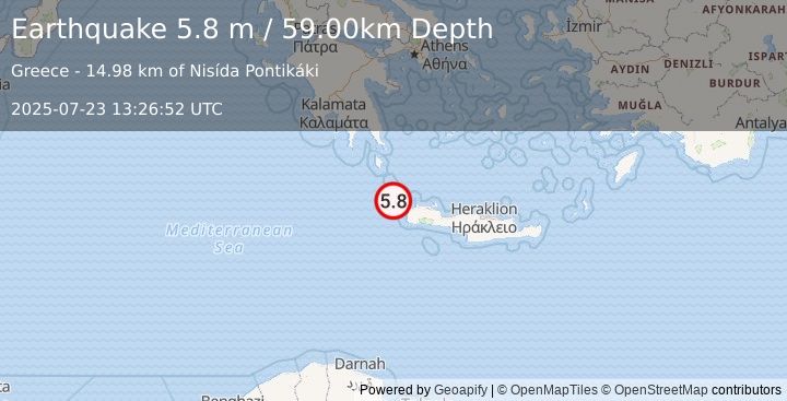Earthquake CRETE, GREECE (5.3 ml) (2025-07-23 13:26:52 UTC)