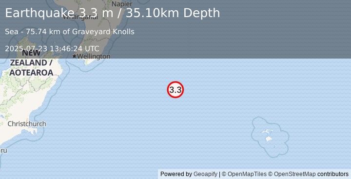 Earthquake OFF E. COAST OF S. ISLAND, N.Z. (3.3 m) (2025-07-23 13:46:24 UTC)