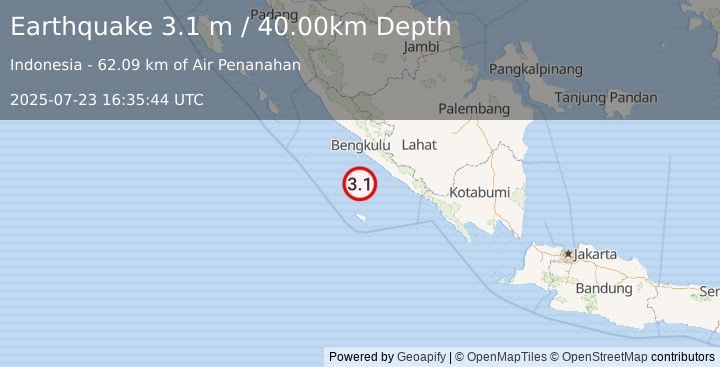 Earthquake SOUTHERN SUMATRA, INDONESIA (3.1 m) (2025-07-23 16:35:44 UTC)