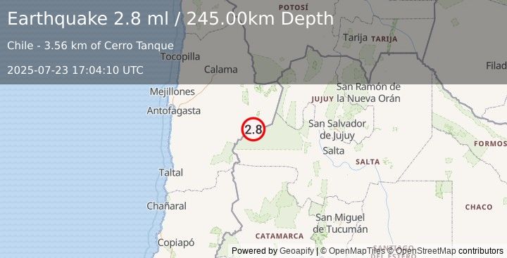 Earthquake ANTOFAGASTA, CHILE (2.8 ml) (2025-07-23 17:04:10 UTC)