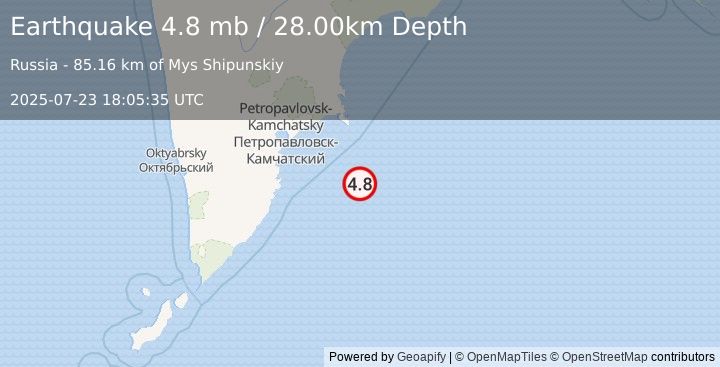 Earthquake OFF EAST COAST OF KAMCHATKA (4.8 mb) (2025-07-23 18:05:35 UTC)
