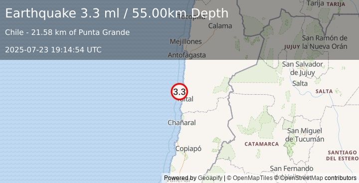 Earthquake OFFSHORE ANTOFAGASTA, CHILE (3.3 ml) (2025-07-23 19:14:54 UTC)