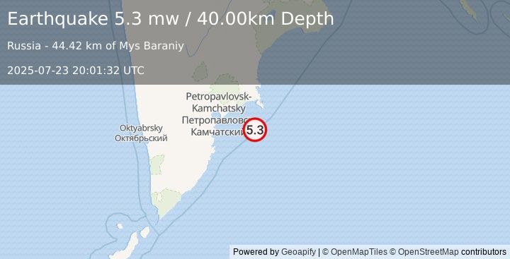 Earthquake OFF EAST COAST OF KAMCHATKA (5.2 mb) (2025-07-23 20:01:27 UTC)
