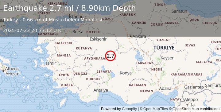 Earthquake WESTERN TURKEY (2.5 ml) (2025-07-23 20:33:13 UTC)