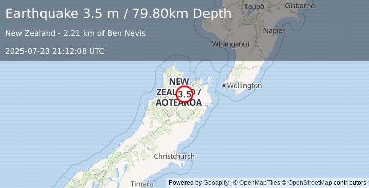 Earthquake SOUTH ISLAND OF NEW ZEALAND (3.5 m) (2025-07-23 21:12:08 UTC)