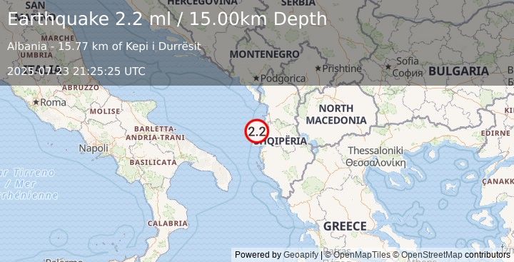 Earthquake ADRIATIC SEA (2.2 ml) (2025-07-23 21:25:25 UTC)