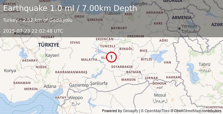 Earthquake EASTERN TURKEY (1.0 ml) (2025-07-23 22:02:48 UTC)