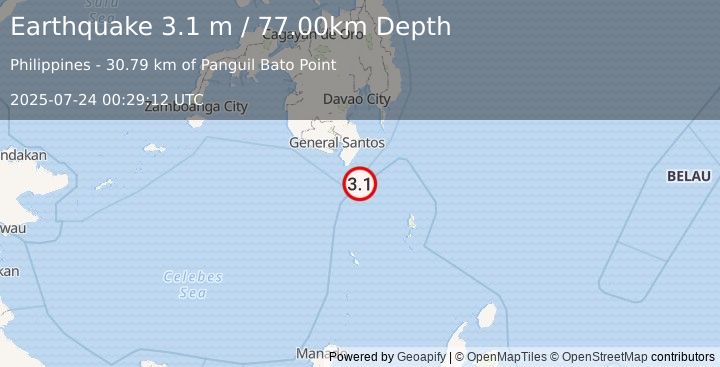 Earthquake MINDANAO, PHILIPPINES (3.1 m) (2025-07-24 00:29:12 UTC)