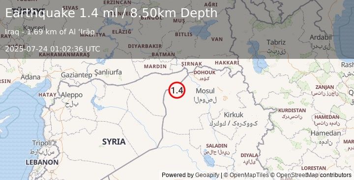 Earthquake SYRIA-IRAQ BORDER REGION (1.4 ml) (2025-07-24 01:02:36 UTC)