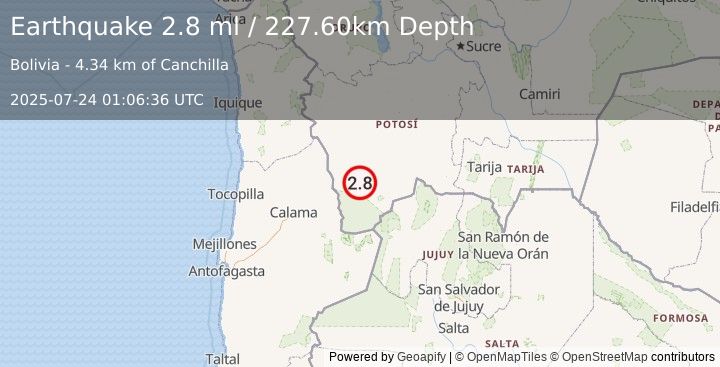 Earthquake POTOSI, BOLIVIA (2.8 ml) (2025-07-24 01:06:36 UTC)