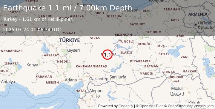 Earthquake EASTERN TURKEY (1.1 ml) (2025-07-24 01:06:34 UTC)