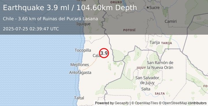 Earthquake ANTOFAGASTA, CHILE (3.9 ml) (2025-07-25 02:39:47 UTC)