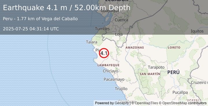 Earthquake NEAR COAST OF NORTHERN PERU (4.1 m) (2025-07-25 04:31:14 UTC)