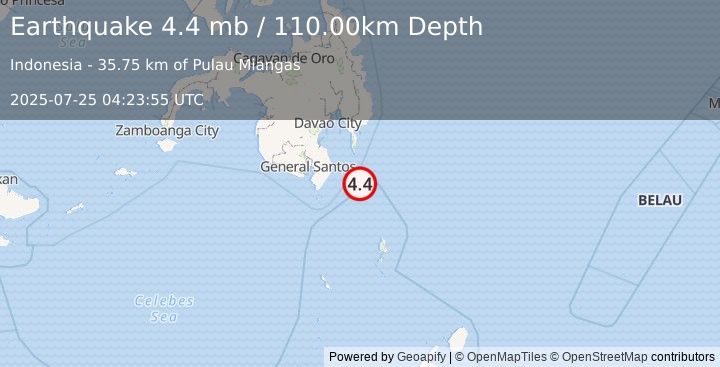 Earthquake MINDANAO, PHILIPPINES (4.4 mb) (2025-07-25 04:23:55 UTC)