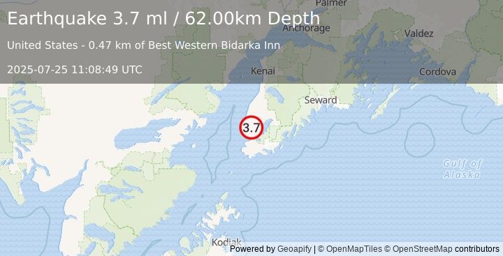 Earthquake KENAI PENINSULA, ALASKA (3.6 ml) (2025-07-25 11:08:50 UTC)
