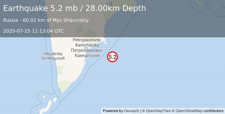 Earthquake OFF EAST COAST OF KAMCHATKA (5.2 mb) (2025-07-25 11:13:01 UTC)
