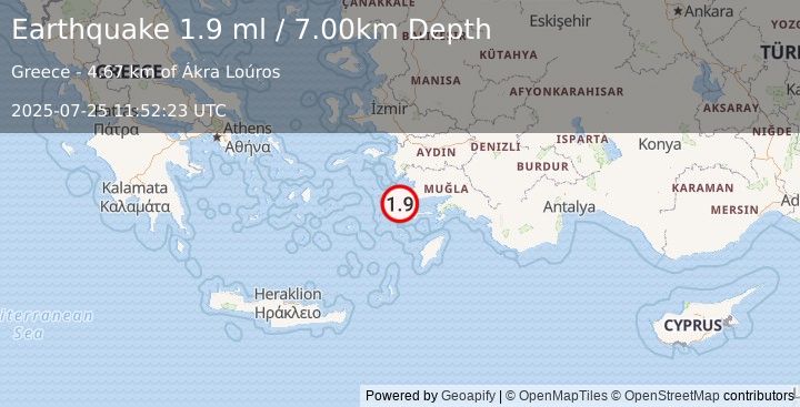 Earthquake DODECANESE IS.-TURKEY BORDER REG (1.9 ml) (2025-07-25 11:52:23 UTC)
