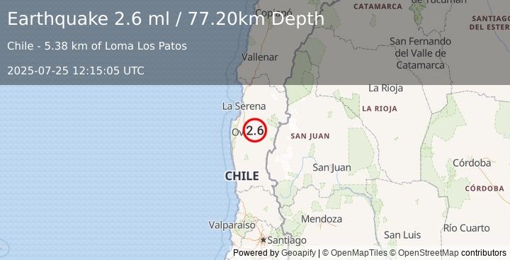 Earthquake COQUIMBO, CHILE (2.6 ml) (2025-07-25 12:15:05 UTC)