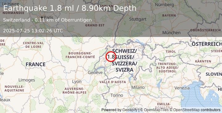 Earthquake SWITZERLAND (1.8 ml) (2025-07-25 13:02:26 UTC)