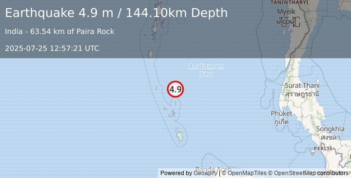 Earthquake NICOBAR ISLANDS, INDIA REGION (4.6 mb) (2025-07-25 12:57:20 UTC)