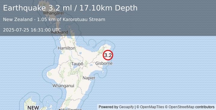 Earthquake OFF E. COAST OF N. ISLAND, N.Z. (3.2 ml) (2025-07-25 16:31:00 UTC)