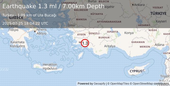 Earthquake WESTERN TURKEY (1.3 ml) (2025-07-25 18:04:22 UTC)