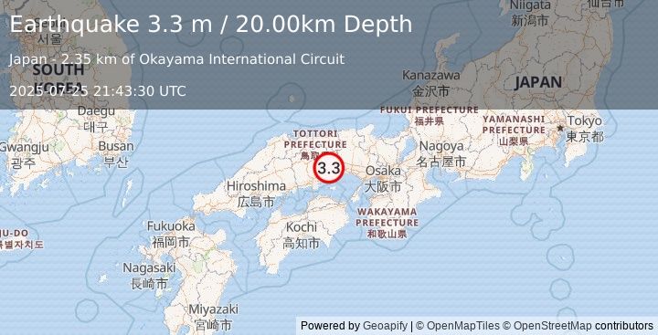 Earthquake NEAR S. COAST OF WESTERN HONSHU (3.3 m) (2025-07-25 21:43:30 UTC)