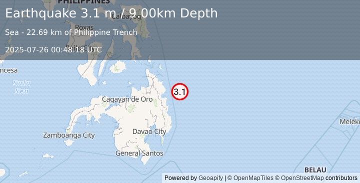 Earthquake MINDANAO, PHILIPPINES (3.1 m) (2025-07-26 00:48:18 UTC)