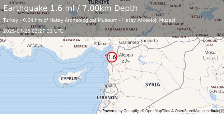 Earthquake TURKEY-SYRIA BORDER REGION (1.6 ml) (2025-07-26 02:27:31 UTC)
