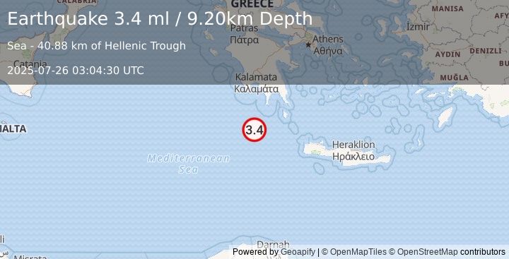 Earthquake CENTRAL MEDITERRANEAN SEA (3.4 ml) (2025-07-26 03:04:30 UTC)