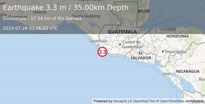 Earthquake OFFSHORE GUATEMALA (3.3 m) (2025-07-26 03:06:22 UTC)