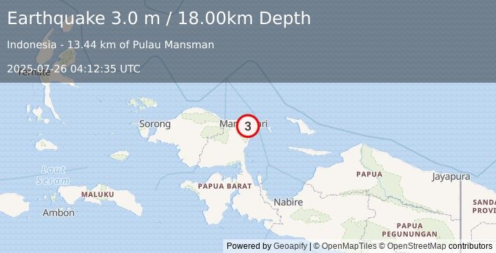 Earthquake NEAR N COAST OF PAPUA, INDONESIA (3.0 m) (2025-07-26 04:12:35 UTC)