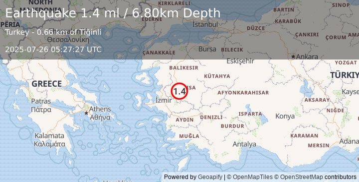 Earthquake WESTERN TURKEY (1.4 ml) (2025-07-26 05:27:27 UTC)